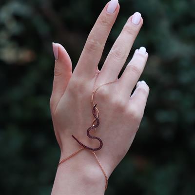 Fuşya Zirkon Taşlı Yılan Modeli Rose Gold Kaplama Gümüş Şahmeran