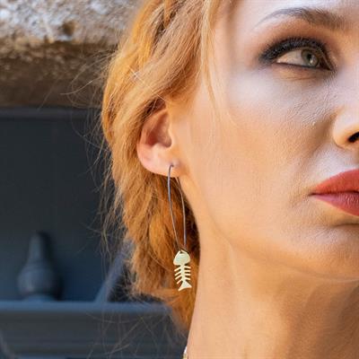 Gold Kaplama Balıklı El İşi Otantik Halka Gümüş Küpe