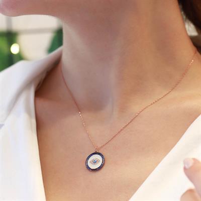 Göz Model Degrade Zirkon Taş Çerçeveli Rose Gold Kaplama Gümüş Kolye