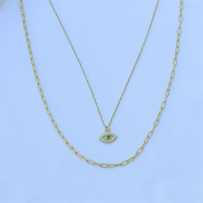 Göz Modeli 2 Zincirli Gold Kaplama Trend Gümüş Kolye