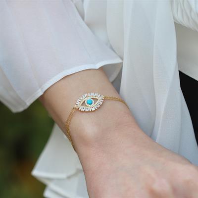 Göz Modeli Turkuaz Taşlı Gold Kaplama Gümüş Bileklik