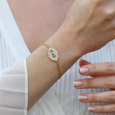 Göz Modeli Turkuaz Taşlı Gold Kaplama Gümüş Bileklik