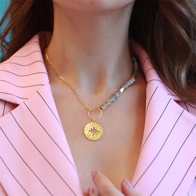 Gri Akik Taşlı Kutup Yıldızı Gold Kaplama Gümüş Kolye