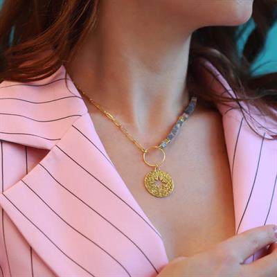 Gri Akik Taşlı Kutup Yıldızı Gold Kaplama Gümüş Kolye