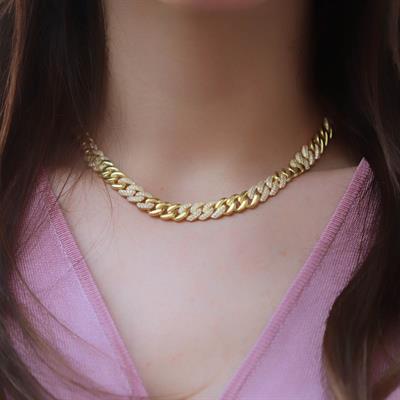 Gurmet Model Yarısı Zirkon Taşlı Gold Altın Kaplama Gümüş Gerdanlık