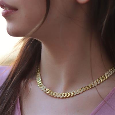 Gurmet Model Yarısı Zirkon Taşlı Gold Altın Kaplama Gümüş Gerdanlık