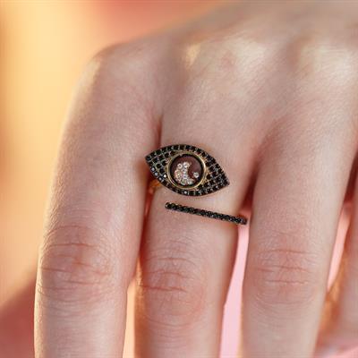 Haraketli Ay Yıldız Taşlı Gold Kaplama Gümüş  Göz Yüzük