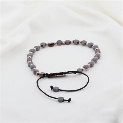 Hematit Taşlı Altıgen Rose Gold Kaplama Gümüş Makrome Erkek Bilekliği