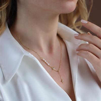İnci Detaylı Sallantılı Kutup YIldızı Gold Kaplama Gümüş Kolye