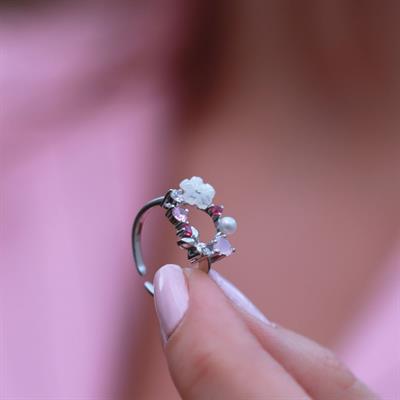 İnci ve Çiçek Motifli 925 Ayar Gümüş Yüzük