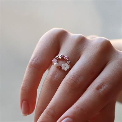İnci ve Çiçek Motifli RoseGold Kaplama 925 Ayar Gümüş Yüzük