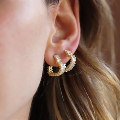 Kalp Baget Taşlı Gold Kaplama Gümüş Küpe