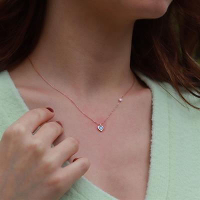 Kalp Figürlü Zirkon Taşlı Mine İşli Rose Gold Kaplama Gümüş Set