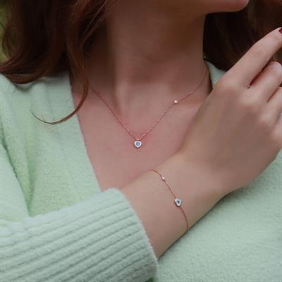 Kalp Figürlü Zirkon Taşlı Mine İşli Rose Gold Kaplama Gümüş Set