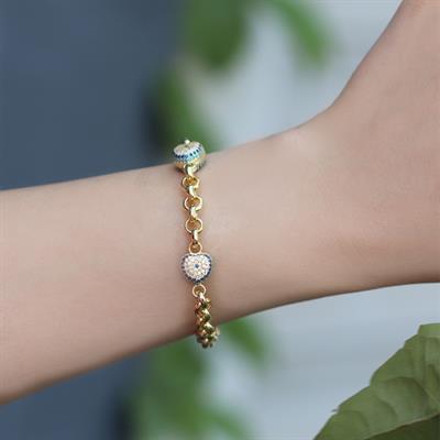 Kalp Nazar Boncuklu Zirkon Taşlı Gold Kaplama Zincir Bileklik