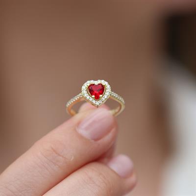 Kalp Pndr Model Kırmızı Zirkon Taşlı Gold Gümüş Yüzük