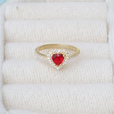 Kalp Pndr Model Kırmızı Zirkon Taşlı Gold Gümüş Yüzük