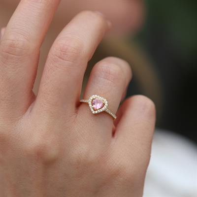 Kalp Pndr Model Pembe Zirkon Taşlı Gold Gümüş Yüzük