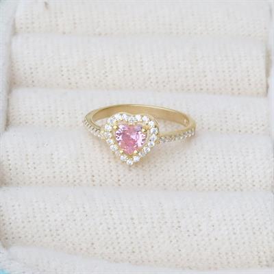 Kalp Pndr Model Pembe Zirkon Taşlı Gold Gümüş Yüzük