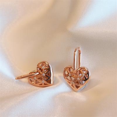 Kalp Tasarım Zirkon Taşlı Rose Gold Kaplama Gümüş Küpe