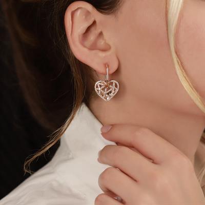 Kalp Tasarım Zirkon Taşlı Rose Gold Kaplama Gümüş Küpe