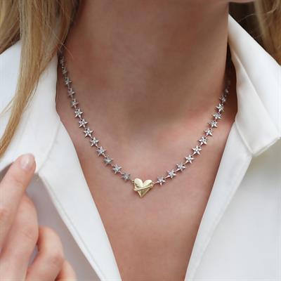 Kalp Yıldızlı Trend Çift Renkli Gümüş Kolye