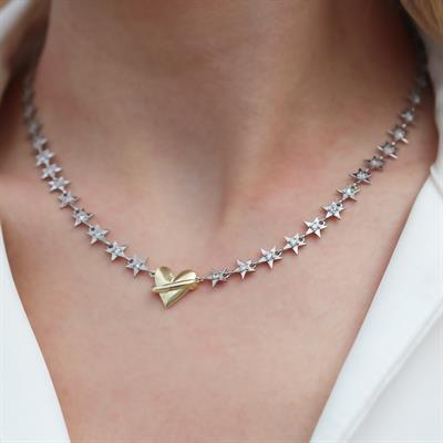 Kalp Yıldızlı Trend Çift Renkli Gümüş Kolye