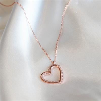 Kalp Zirkon Taşlı Rose Gold Kaplama Gümüş Kolye