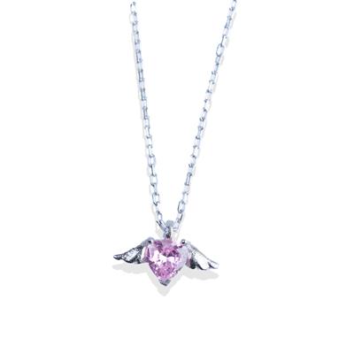 Kanatlı Mini Kalp Pembe Zirkon Taşlı 925 Ayar Gümüş Kolye