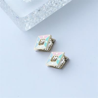 Karo Çift Taraflı Renkli Mine İşli Gümüş Küpe