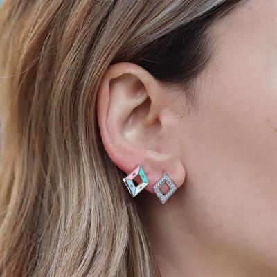 Karo Çift Taraflı Renkli Mine İşli Gümüş Küpe