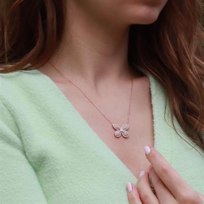 Kelebek Model Beyaz Zirkon Taşlı Rose Gold Kaplama Gümüş Kolye