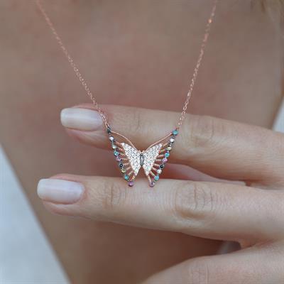 Kelebek Modeli Renkli Zirkon Taşlı Rose Gold Kaplama Gümüş Kolye
