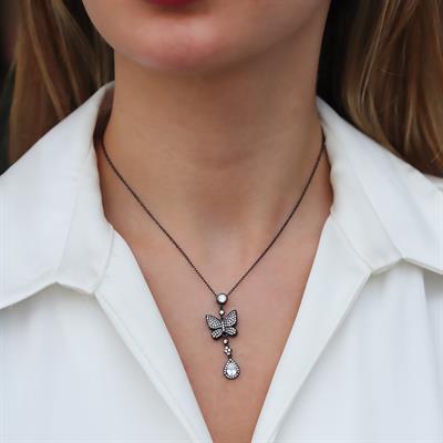 Kelebek Siyah Rodyum Kaplama Gümüş Kolye