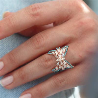 Kelebek Turkuaz Baget Taşlı Rose Gold Kaplama Gümüş Yüzük