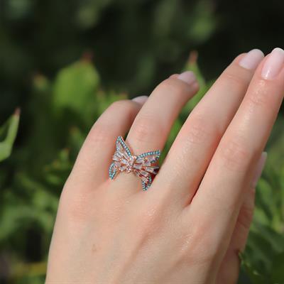 Kelebek Turkuaz Baget Taşlı Rose Gold Kaplama Gümüş Yüzük