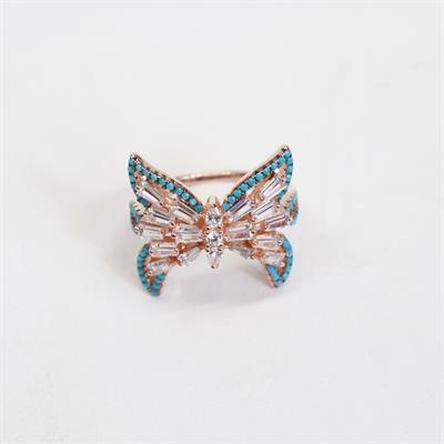 Kelebek Turkuaz Baget Taşlı Rose Gold Kaplama Gümüş Yüzük