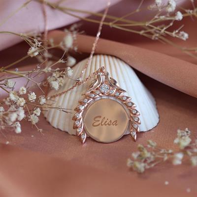 Kuşlu Zirkon Taşlı İsim Yazılabilir Rose Gold Kaplama Gümüş Kolye