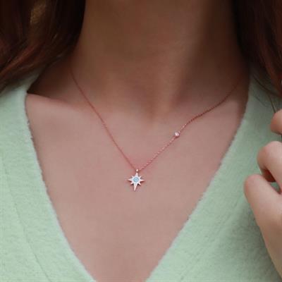 Kutup Yıldızı Figürlü Zirkon Taşlı Mine İşli Rose Gold Kaplama Gümüş Kolye