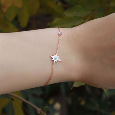 Kutup Yıldızı Figürlü Zirkon Taşlı Mine İşli Rose Gold Kaplama Gümüş Bileklik