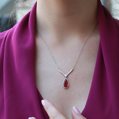 Lal Taşlı Damla Model Gümüş Takım