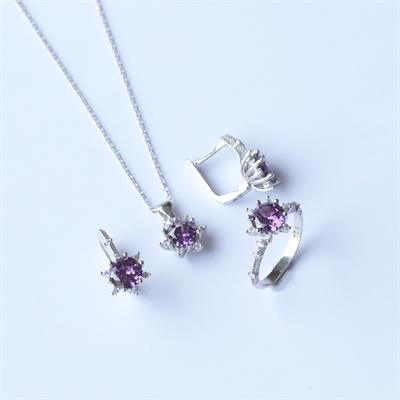 Lotus Çiçeği Ametist Taşlı Gümüş Set