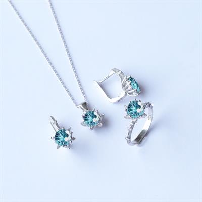 Lotus Çiçeği Aquamarin Taşlı Gümüş Set