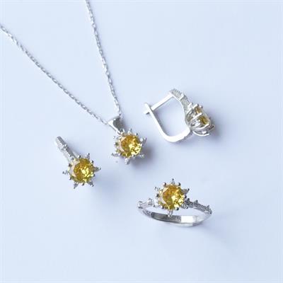 Lotus Çiçeği Sitrin Taşlı Gümüş Set