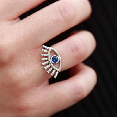 Mavi Göz Zirkon Taşlı Ayarlanabilir Gümüş Yüzük