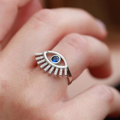 Mavi Göz Zirkon Taşlı Ayarlanabilir Gümüş Yüzük