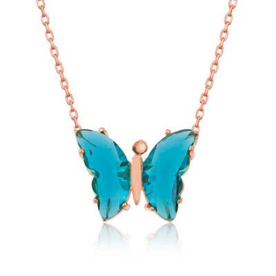 Mavi Kelebek Model Rose Gold Kaplama Zirkon Taşlı Gümüş Kolye