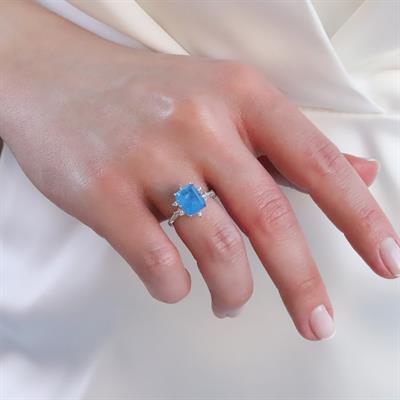 Mavi Paraiba Taşlı Kare Lotus Çiçeği Gümüş Yüzük