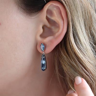 Mavi Swarovski Taşlı Su Damlası Gümüş Küpe