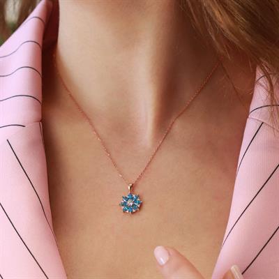 Mavi Zirkon Mini Kamelya Çiçeği Rose Gold Kaplama Gümüş Kolye